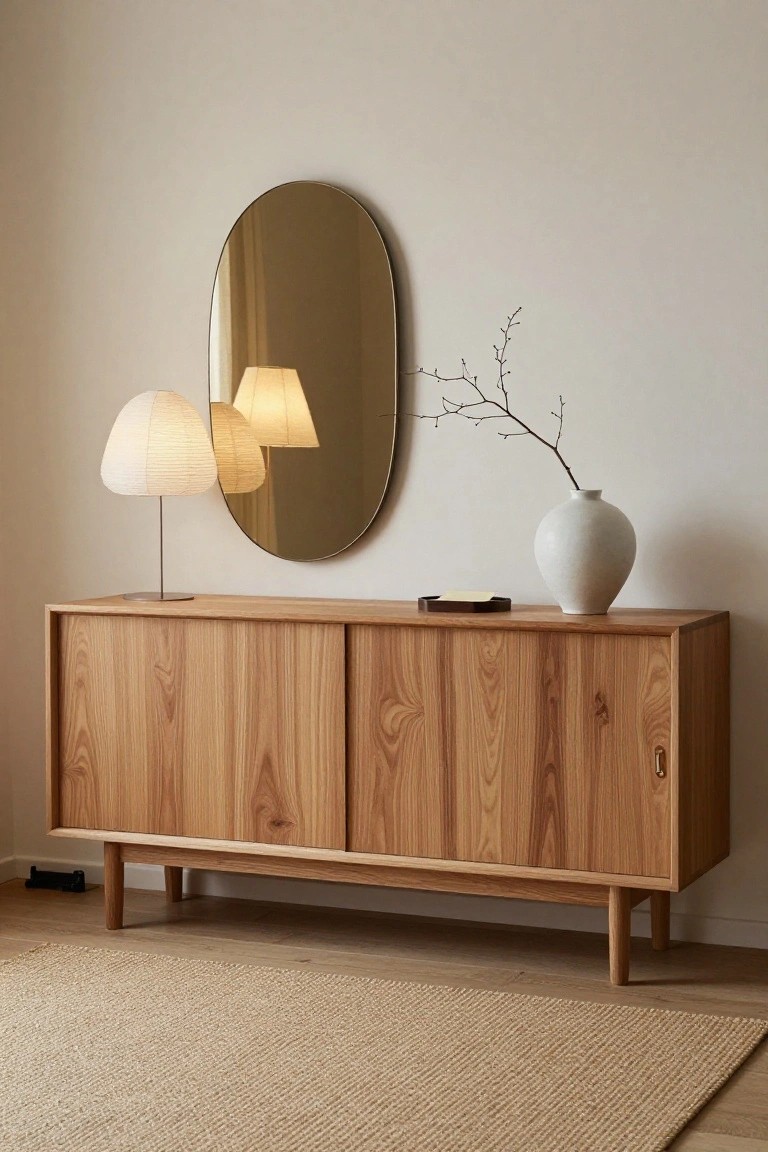 Wooden sideboard with mirror, lamps, and vase on beige wall.