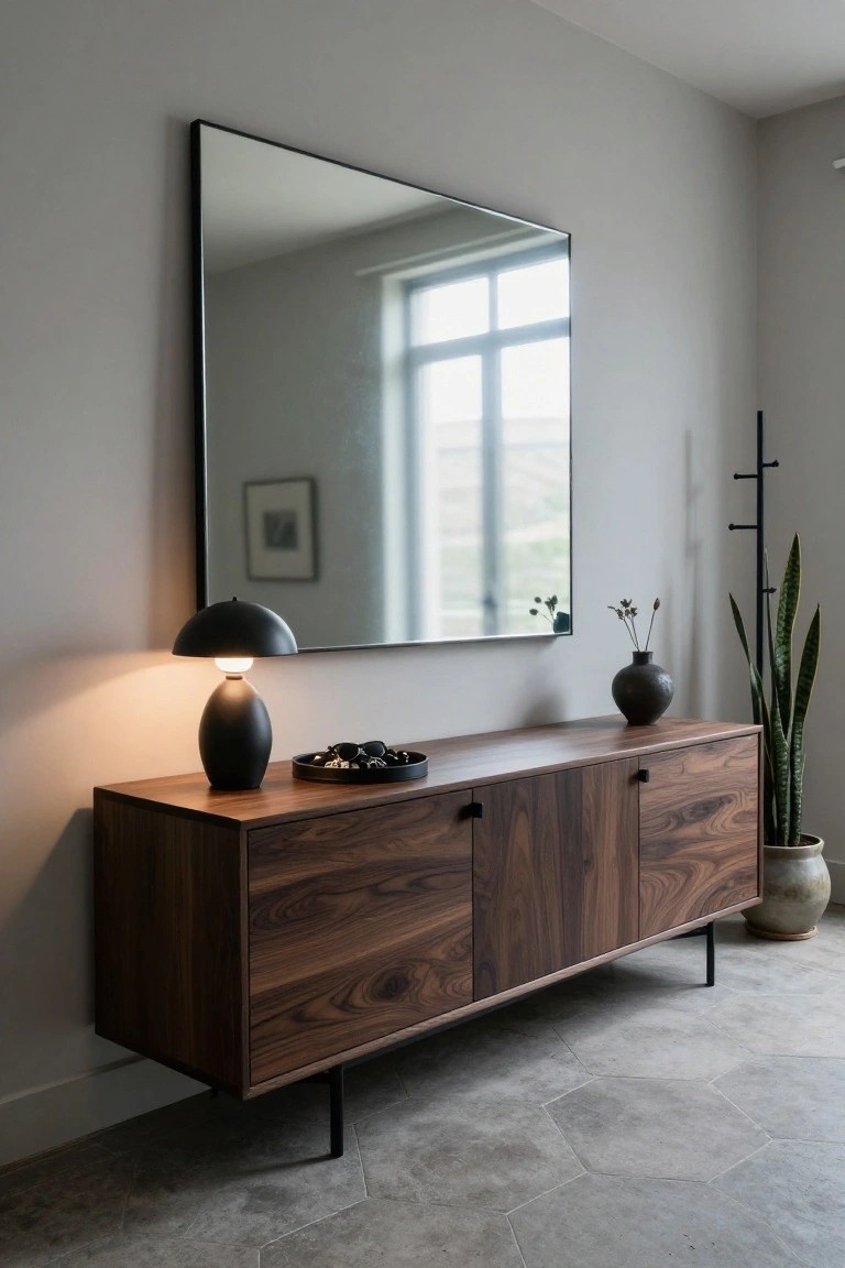 Modern walnut sideboard with mirror, lamp, and potted snake plant.