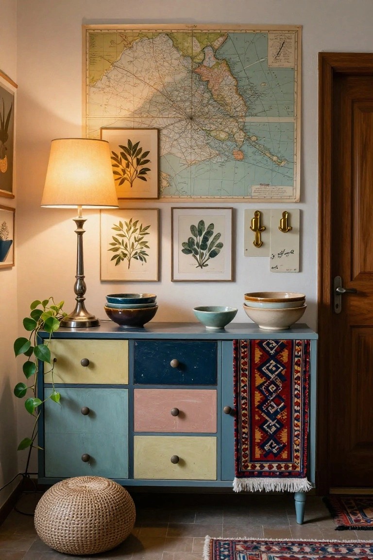 Colorful dresser with map, art, lamp, and woven pouf.