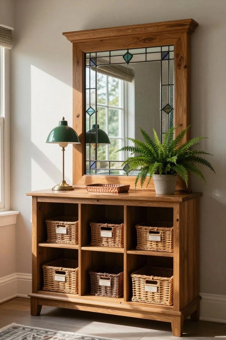 Wooden console with mirror, baskets, lamp, and fern plant.