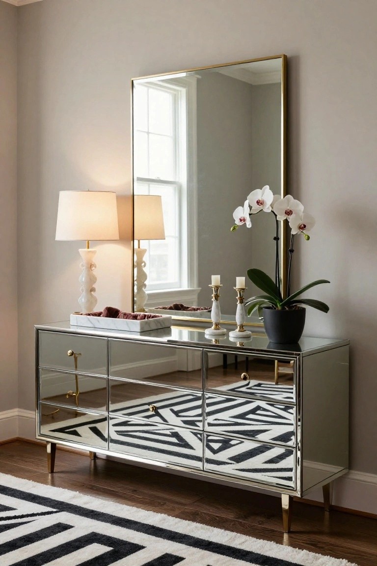 Modern mirrored dresser with orchids, lamps, and gold-framed mirror in elegant room.