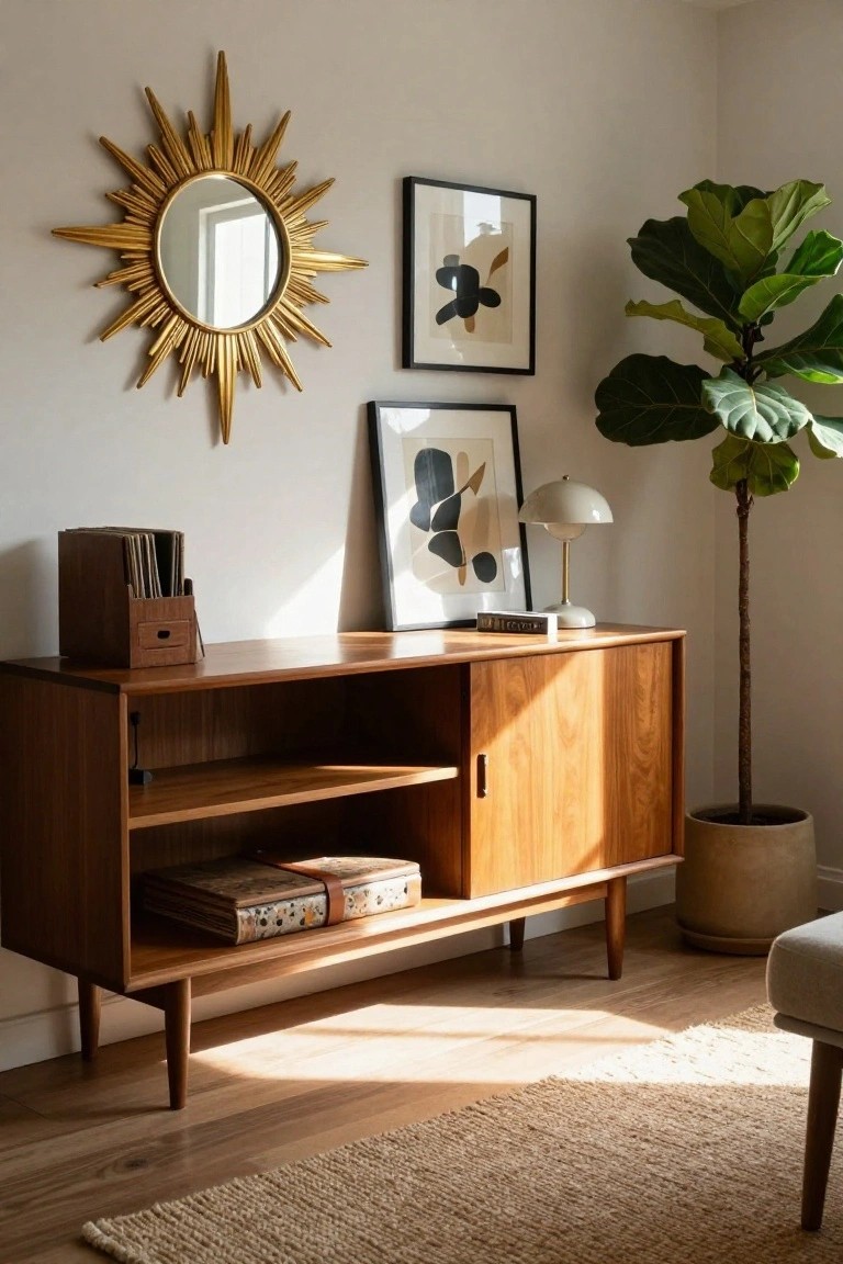 Mid-century wooden console with sunburst mirror and abstract art.