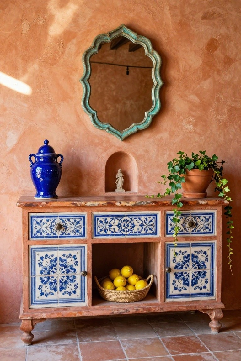 A rustic wooden sideboard with blue and white tiled doors stands against a terracotta wall, featuring an open center compartment holding a basket of lemons and a blue ceramic vase on the left side.