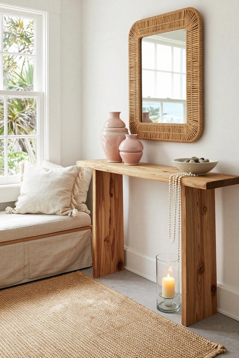 A long wooden console table with pink vases, a bowl, and hanging beads stands against a white wall beneath a large rattan mirror, next to a cushioned window bench and a lit candle on the floor.