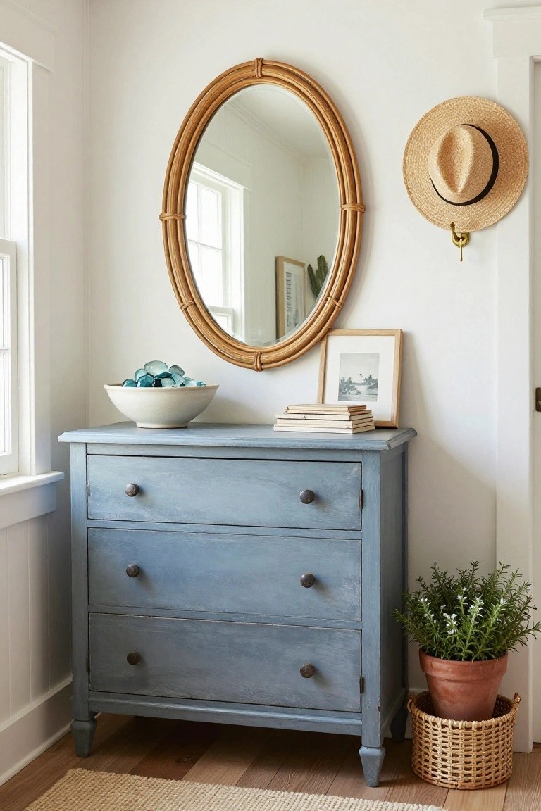 A blue painted sideboard with three drawers holds a bowl and stacked books beneath a large round wooden mirror in a bright entryway.
