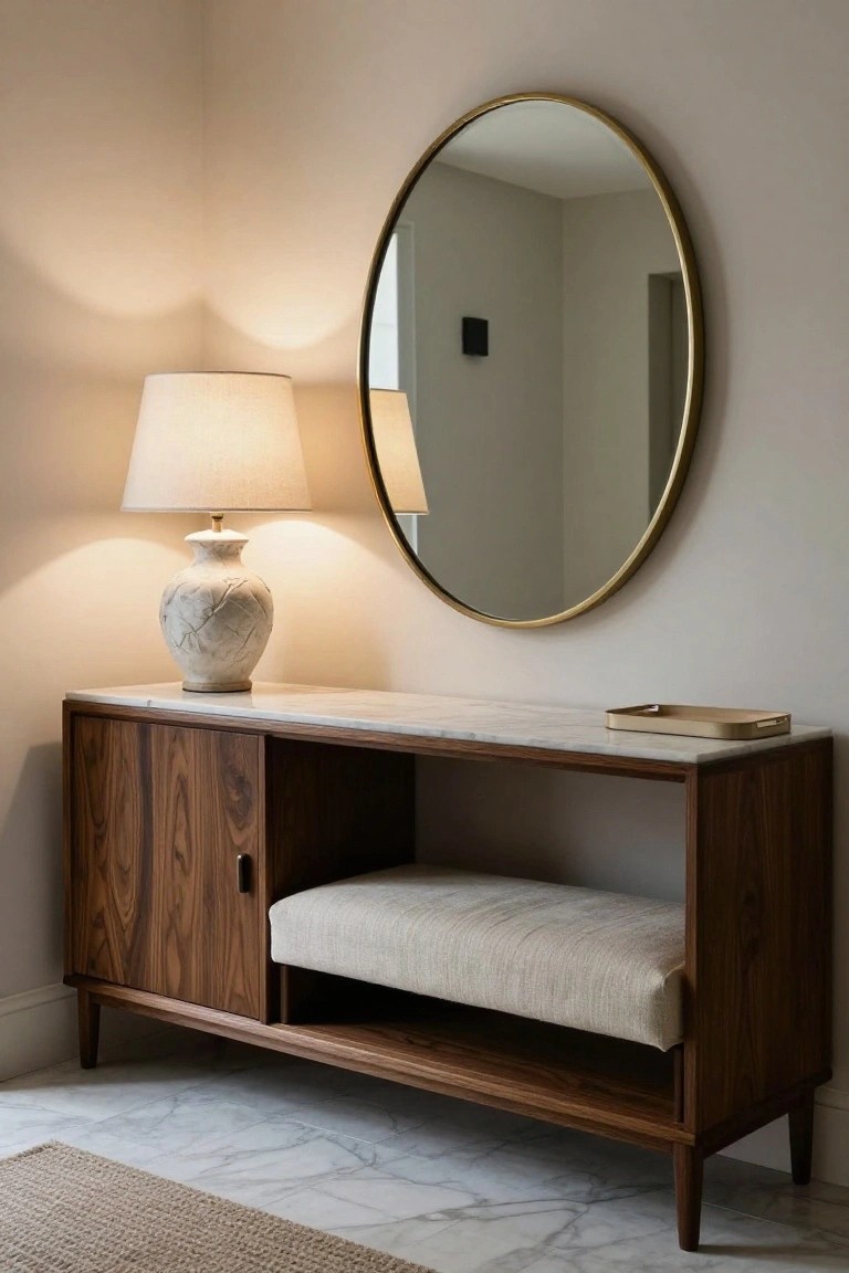 Mid-century walnut console with marble top, round gold mirror, and beige lamp.