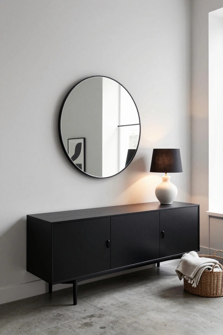 A black sideboard with three cabinet doors sits under a round mirror against a light wall, with a lamp on top and a basket on the floor nearby.