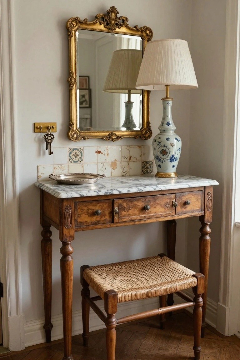 Vintage wooden console table with marble top, ornate mirror, lamp, and woven stool.