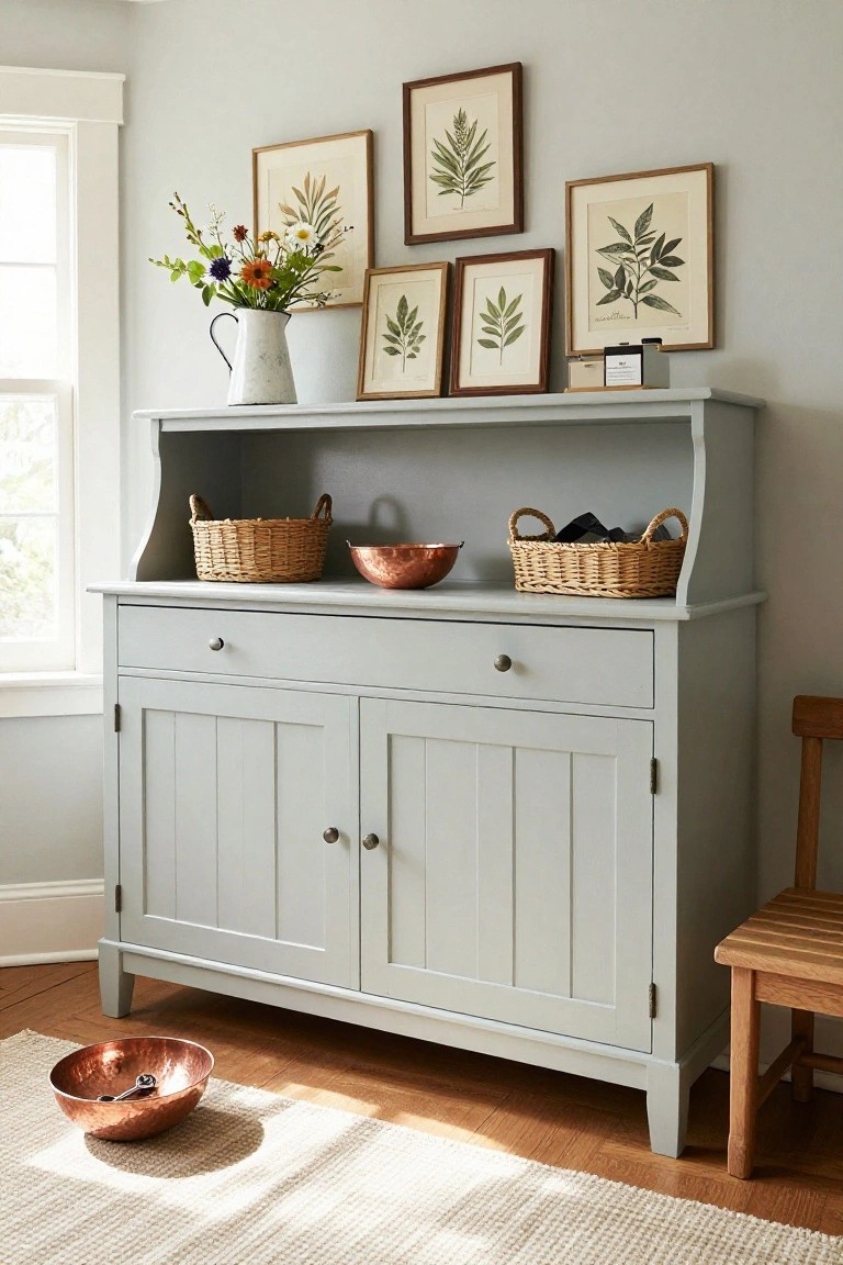 Gray sideboard with woven baskets, copper bowls, and botanical prints above.