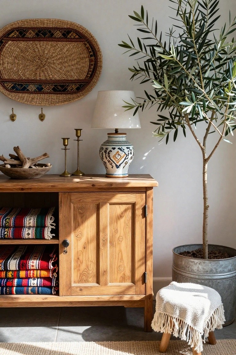 A wooden sideboard in an entryway with open shelves holding folded colorful blankets and textiles, a lamp on top, and a potted olive tree to the side.