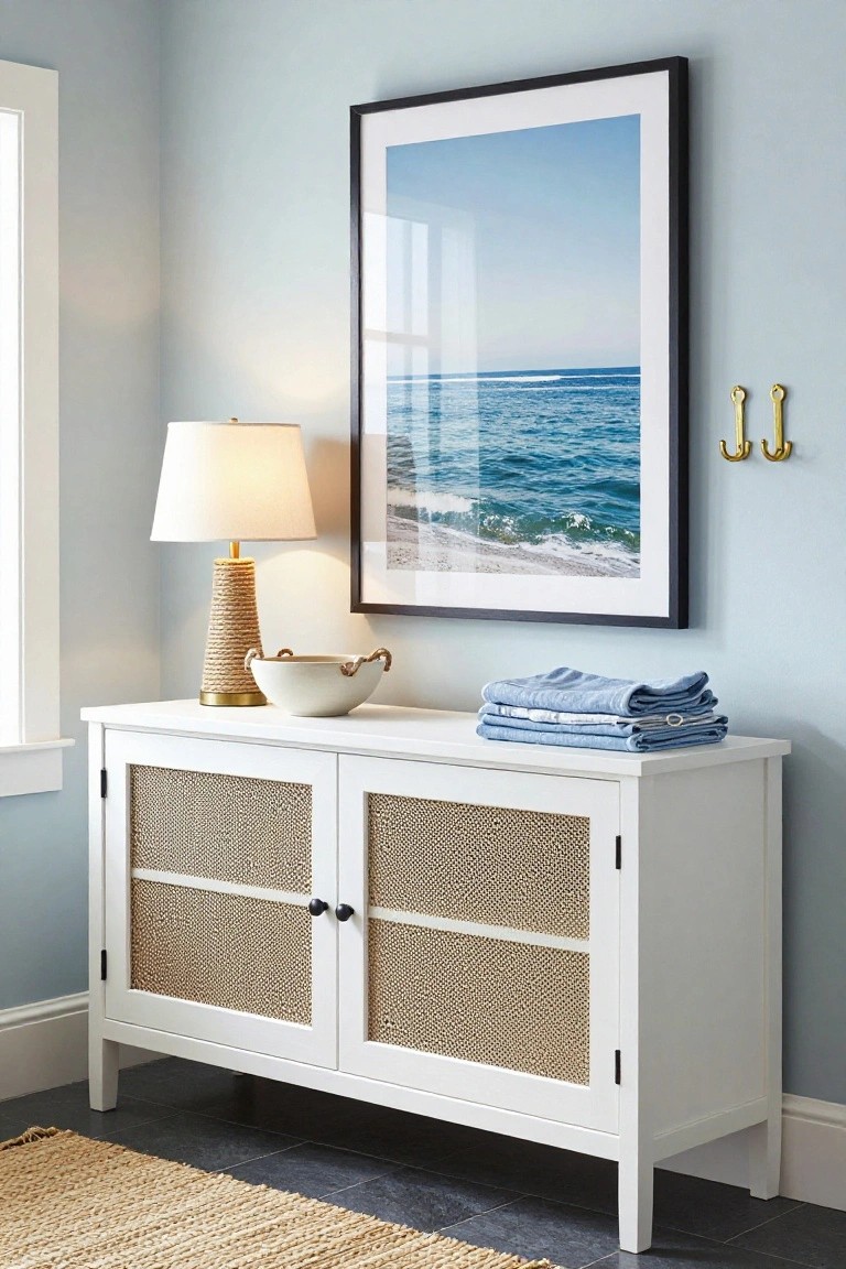 White console with woven doors, ocean artwork, lamp, and folded towels.