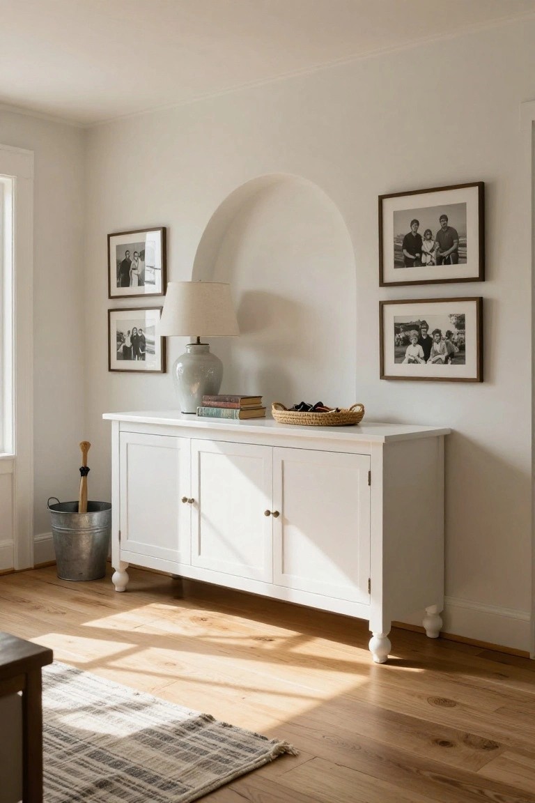 White console table with lamp, books, and framed photos in a bright room.