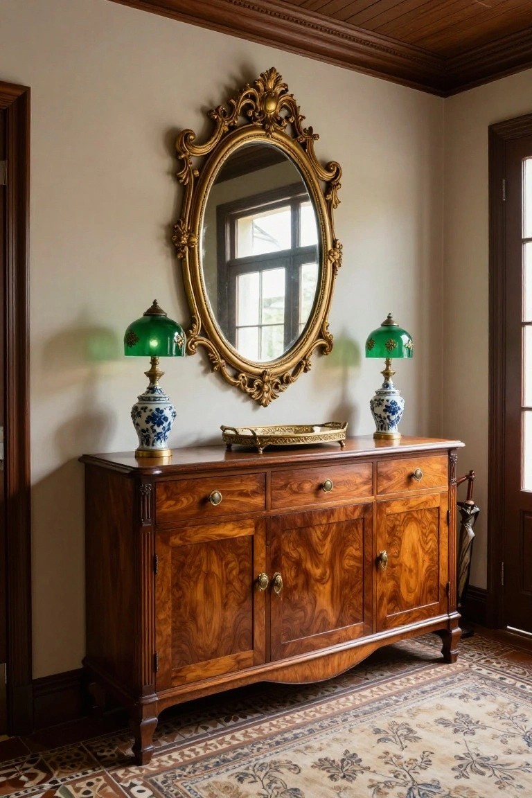 Ornate gold mirror above wooden sideboard with two green lamps.