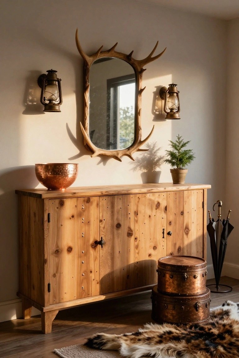 A rustic wooden sideboard with cabinet doors holds a copper bowl and sits beneath an antler-framed mirror, with two wall lanterns on either side.