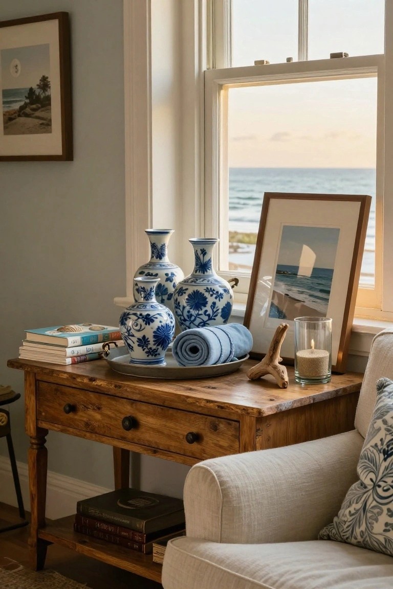 Wooden console table next to a large window with ocean view, styled with several blue and white ceramic vases of varying heights, a rolled blue towel on a plate, stacked books, driftwood, and a glass candle holder with sand, beside a beige sofa in a light blue room.