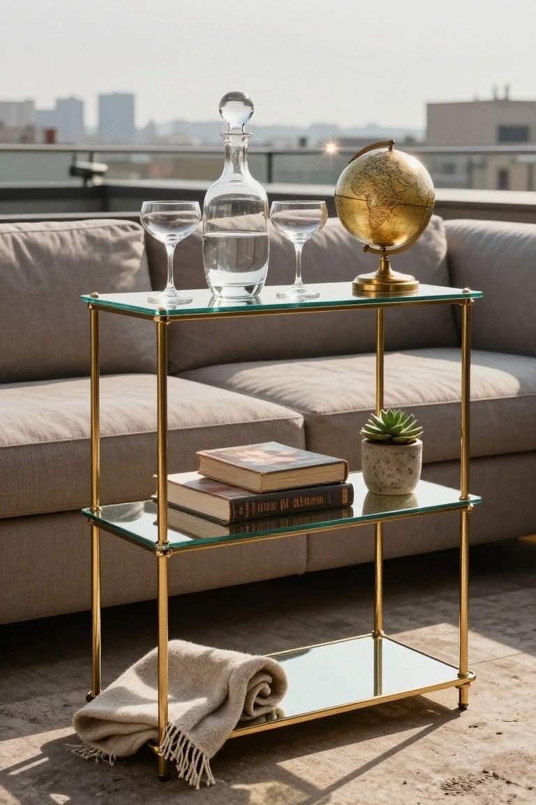 Two-tier gold and glass table with decanter, globe, books, and blanket.