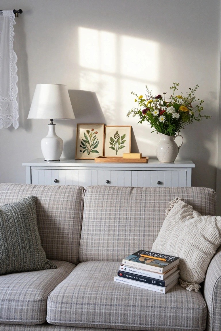 Cozy living room with plaid sofa, wildflower bouquet, and framed botanical prints.