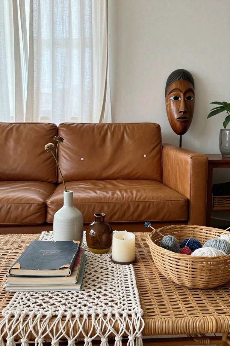 Tan leather sofa with low rattan coffee table in front holding white crocheted runner, stacked blue books, white ceramic vase with dried flower stems, brown vase, beige candle, and wicker basket of yarn balls with blue knitting needles.