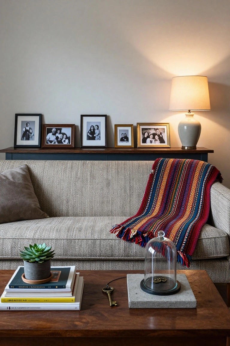 Light gray sofa with a colorful woven throw draped over the arm, navy console table behind it holding six framed family photos, ceramic table lamp beside the console, and wooden coffee table in front with stacked books, potted succulent, and glass dome over rings and key on a stone base.