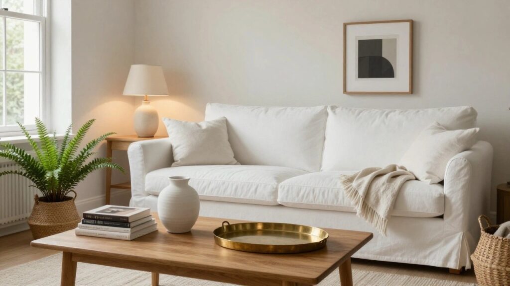 Cozy living room corner featuring a white linen sofa, low oak coffee table with open shelf holding books and top surface with a gold tray, ceramic cups, potted plants in baskets, a white lamp, and neutral art on beige walls.