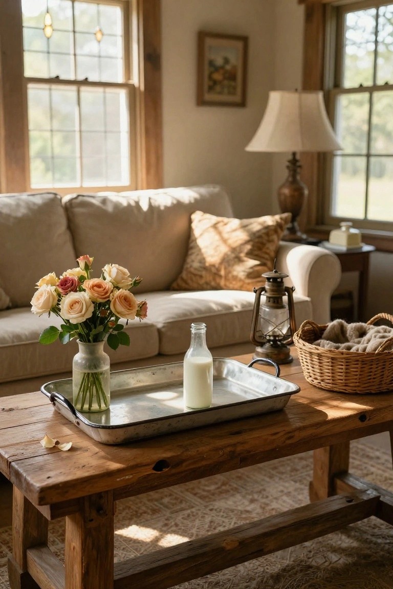 Living room with beige sofa facing wooden coffee table that holds a galvanized metal tray containing a glass vase of pink and peach roses and a glass bottle of milk, plus a wicker basket with blanket nearby, brass lamp on side table, and large windows letting in sunlight.