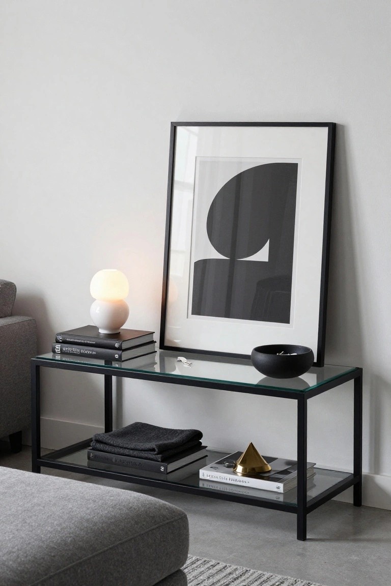 Black metal console table with glass top and shelf behind gray sofa ottoman, styled with stacked books, white ceramic lamp, black bowl, gold pyramid, folded gray throws, and large framed abstract black and white print on white wall.