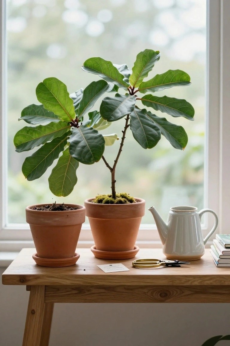 Two terracotta pots with green plants on a wooden bench by a window, accompanied by a white teapot, stacked books, gold scissors, and a small card.