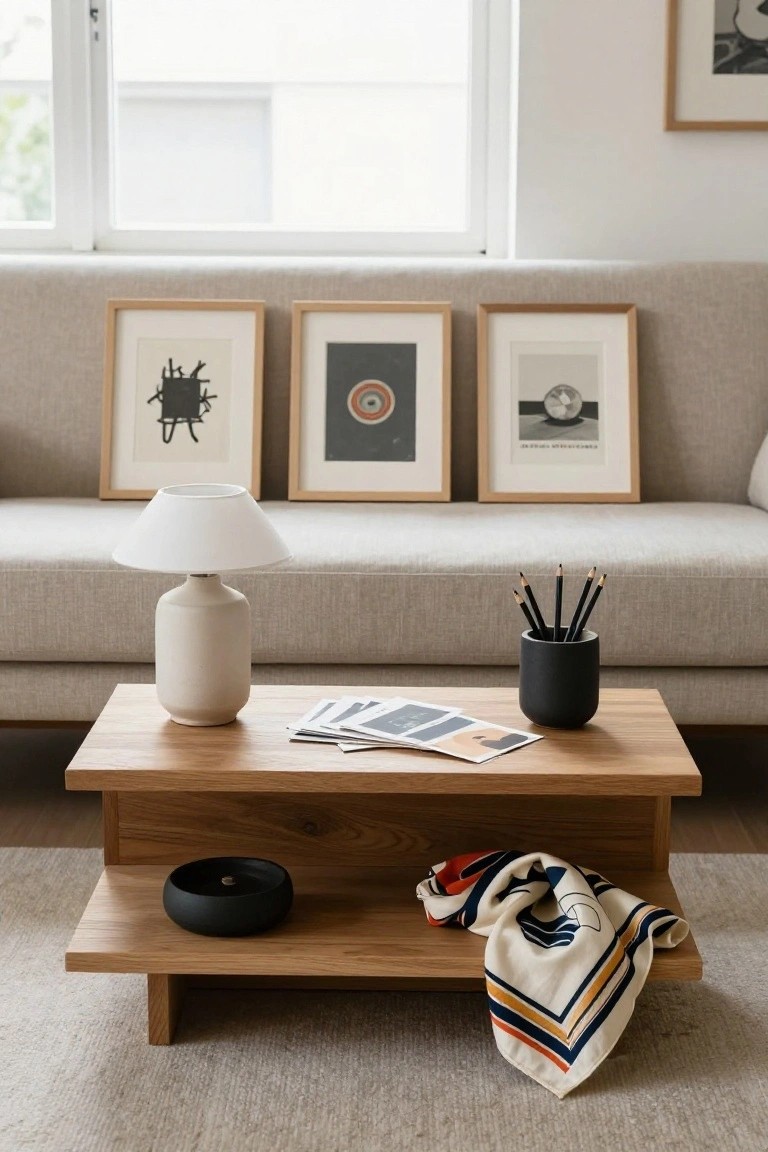 Beige sofa in a bright room with three framed abstract black-and-white artworks above it, low two-tier oak coffee table in front holding white lamp on ceramic base, stack of cards, black pencil holder, and lower shelf with black bowl and colorful scarf draped over edge.