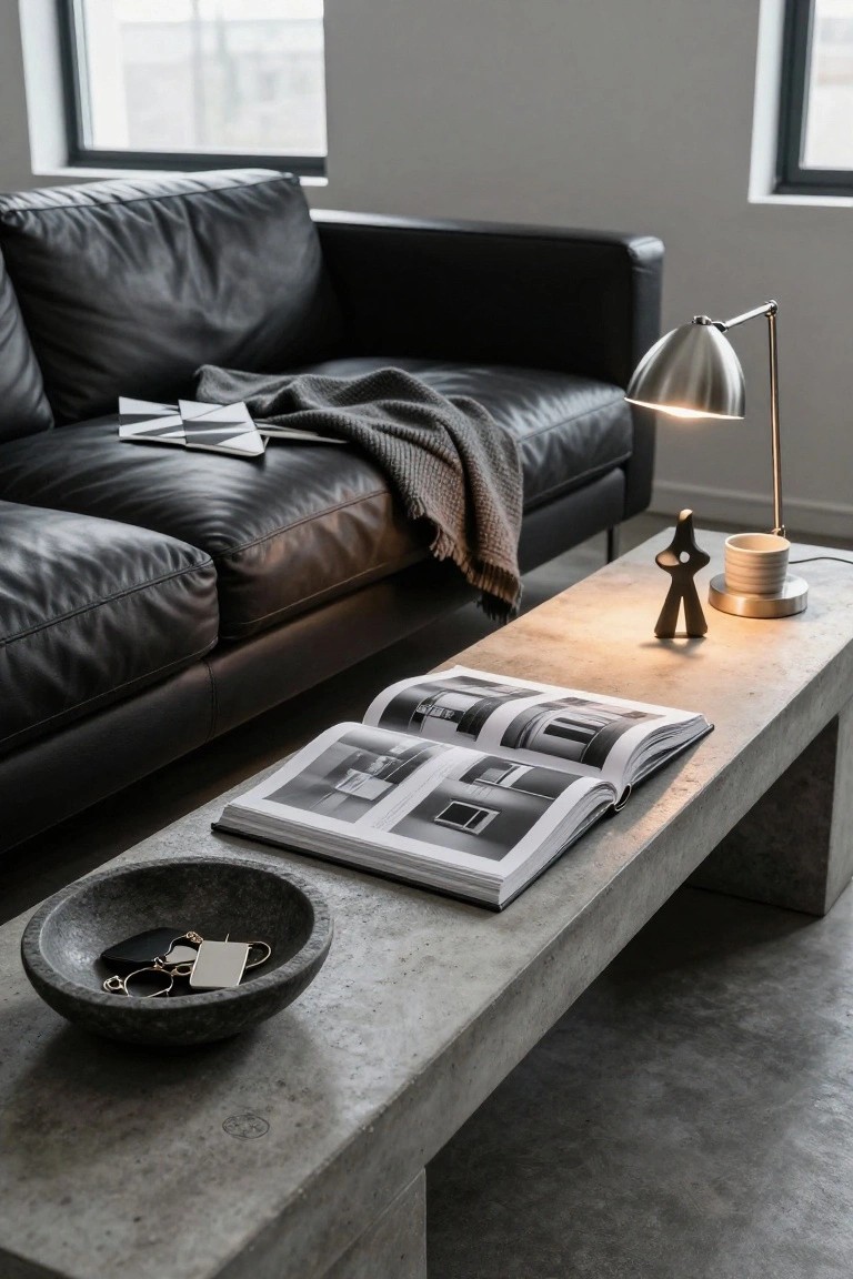 Black leather sofa with open magazine on concrete coffee table.