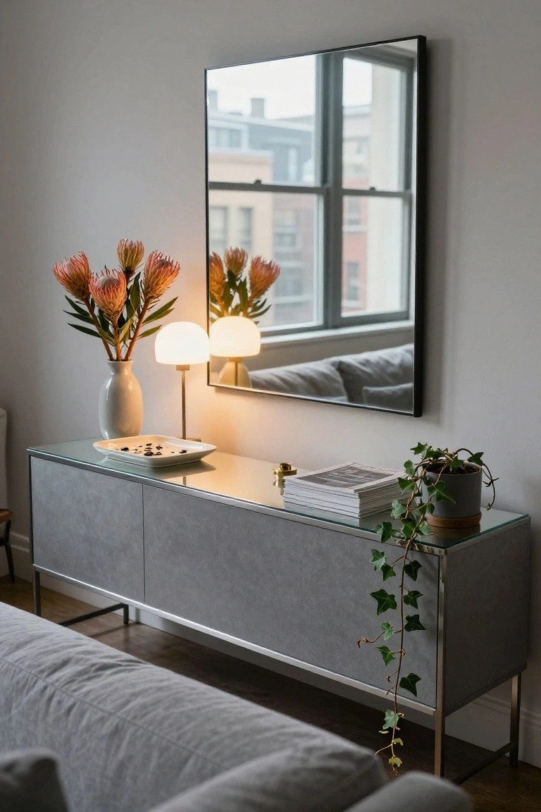 Gray fabric console table with glass top behind a light gray sofa, topped with tall white vase of orange protea flowers, two white globe lamps, stack of magazines, white plate with black olives, and trailing ivy plant in terracotta pot, large square black-framed mirror on wall above.