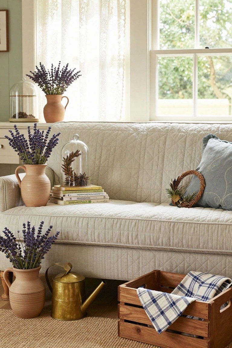Beige tufted sofa against a wall near a window with sheer curtains, with stacks of books, glass cloches over dried botanicals, terracotta vases of lavender, and wooden elements on the floor in a light room.