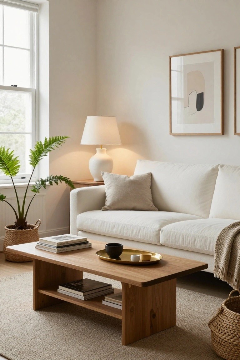 Cozy living room corner featuring a white linen sofa, low oak coffee table with open shelf holding books and top surface with a gold tray, ceramic cups, potted plants in baskets, a white lamp, and neutral art on beige walls.