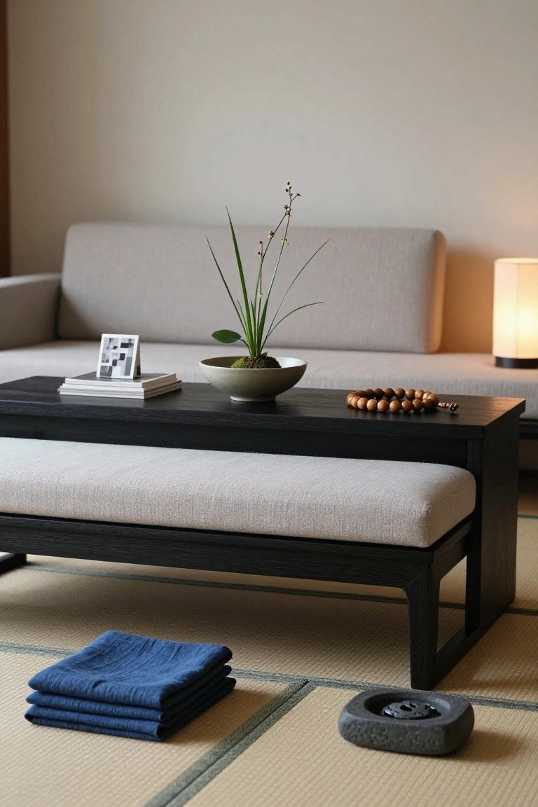 Minimalist living room with light gray sofa, black rectangular low table topped by beige cushioned bench, styled with books, plant-filled ceramic bowl, wooden beads on table, blue folded cloths and stone holder on tatami mats.