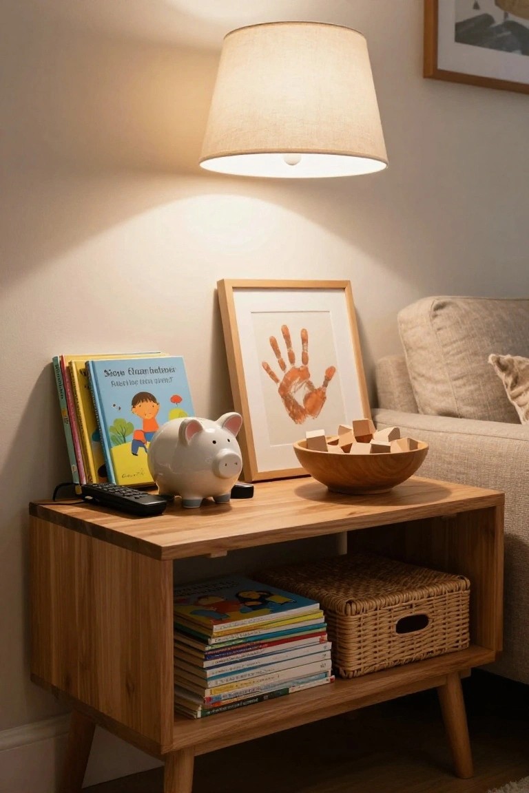 Wooden console table beside a beige sofa, lower open shelf holding stacked children's books and a woven basket, top surface with white piggy bank, TV remote, wooden bowl of blocks, next to a handprint frame and lamp overhead.