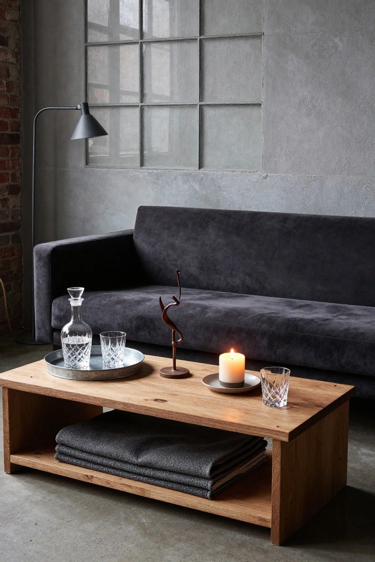 Low wooden coffee table with open shelf holding gray blankets and books, topped by a metal tray containing crystal decanter with glasses, white candle on saucer, and bronze sculpture, positioned in front of black velvet sofa in industrial-style room with large windows and floor lamp.