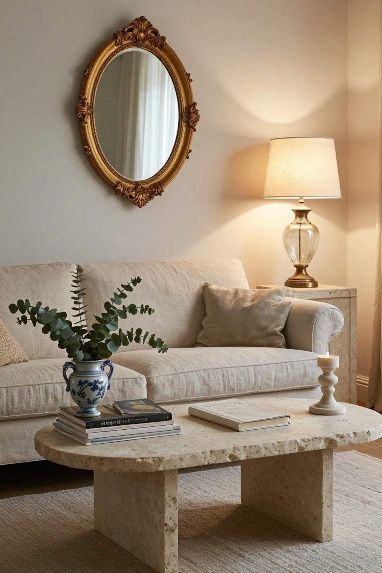 Light gray living room corner with a cream linen sofa, narrow white stone console table holding a glass lamp beside the sofa arm, ornate gold mirror on the wall, and rounded travertine coffee table with books and candle in front.