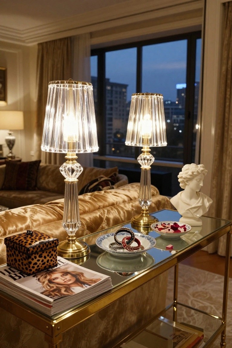 Gold metal console table with glass top behind gold velvet sofa, holding two tall pleated crystal lamps with gold bases, white marble bust sculpture, leopard print box, stacked fashion magazines, blue and white dish with red candies and bangles, in elegant living room with large windows showing city skyline at dusk.