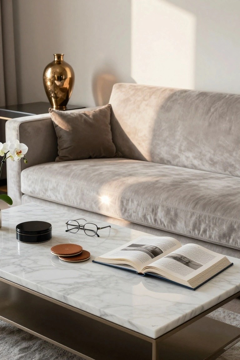 Modern living room with light gray velvet sofa, marble coffee table holding open blue book, eyeglasses, leather coasters, and black round box; tall gold vase on narrow black console behind sofa, white orchid nearby, natural light streaming in.