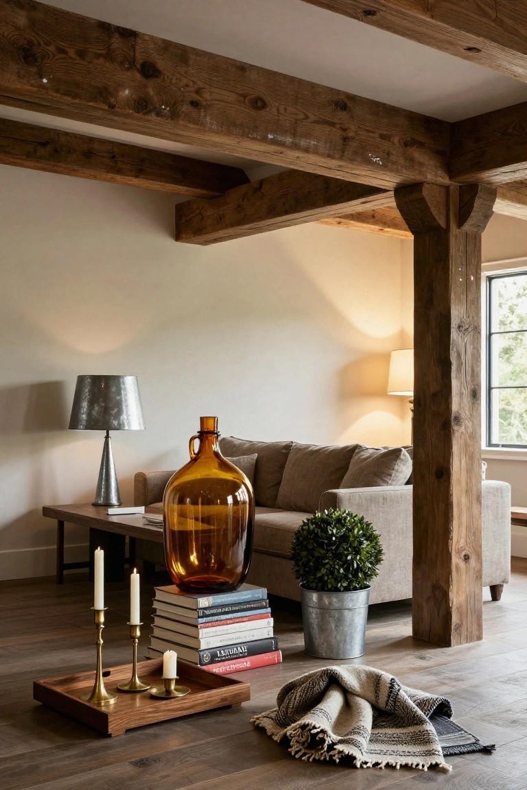Living room corner featuring a beige sofa next to a wooden beam post, low wooden table with large amber glass bottle and books, metal tray on floor holding brass candlesticks with candles, stacked books, potted boxwood plant in bucket, and woven throw on wood floor.