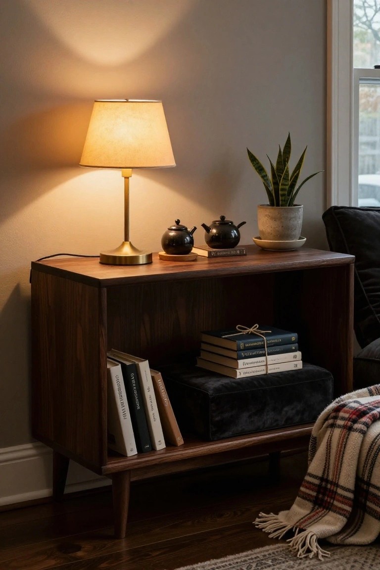 Walnut console table behind a dark sofa corner, topped with a lit brass lamp, two black ceramic teapots on wood coasters, string-tied stacks of books, a black velvet box, and a snake plant in a white pot, against a beige wall with wood flooring.