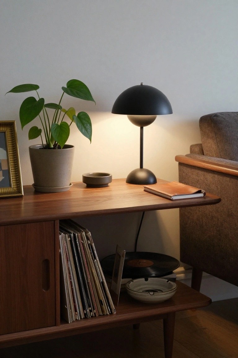 Wooden credenza behind a sofa with stacks of vinyl records in the cabinet, a potted green plant, black dome lamp, leather notebook, and ceramic dishes on the top surface next to a gray upholstered sofa arm.