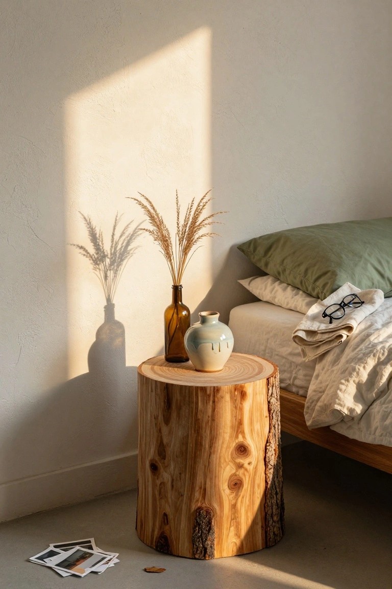 Sunlit wooden stump table with vases and pampas grass beside bed.