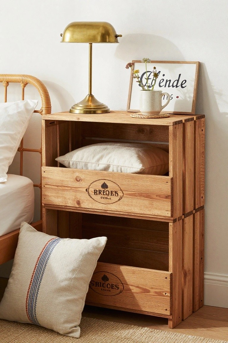 Wooden crate nightstand with brass lamp, pillow, and framed art.