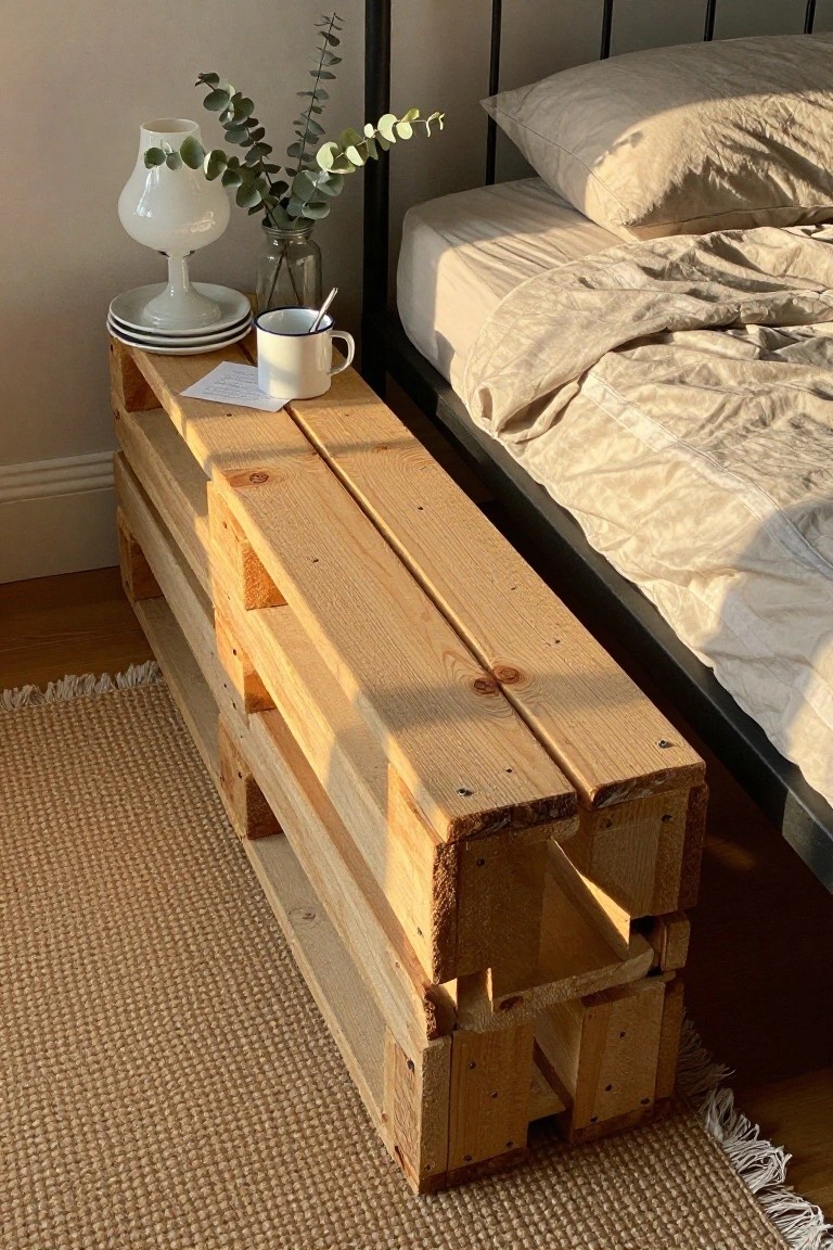 Wooden pallet nightstand with mug, lamp, and eucalyptus beside bed.