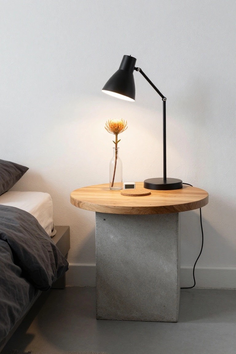 A round wooden tabletop on a rectangular concrete base serves as a bedside table next to a bed, holding a black lamp and a glass vase with a single dried flower.
