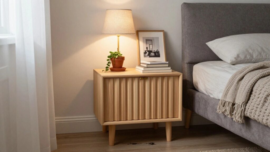 A light wood bedside table with two drawers stands next to a bed, holding a lamp, two books, and a small potted plant.