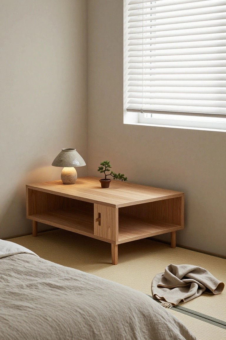 A low wooden console table with open shelving and a small cabinet door sits beside a bed, holding a ceramic lamp and a small plant.