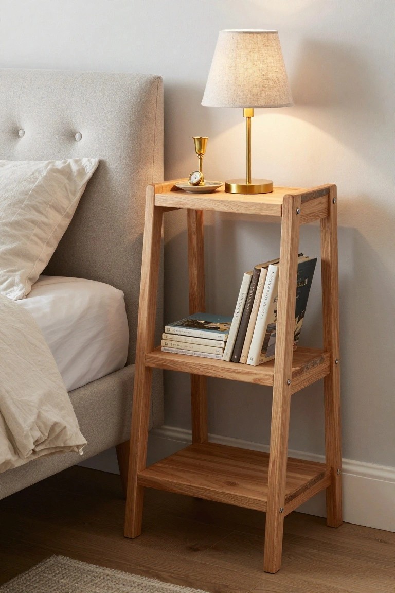 A light wood three-tier bedside table with books on the middle shelf and a lamp on top, placed next to a bed with white bedding.