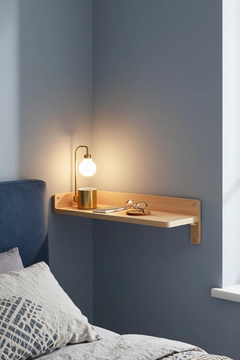 A light wood floating shelf mounted on a blue wall beside a bed, holding a brass lamp, a small gold cup, a book, and a pair of glasses.