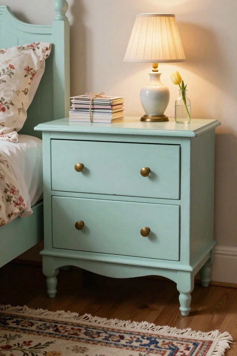 Pastel mint nightstand with lamp, flowers, and stacked books beside a bed.